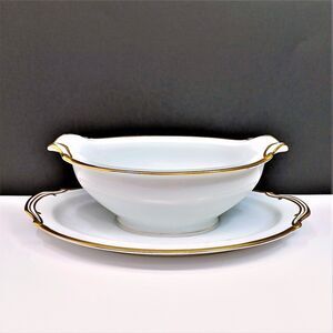 Noritake Patricia 9"x6" Gravy Boat attached underplate White w/ Gold Trim 4982